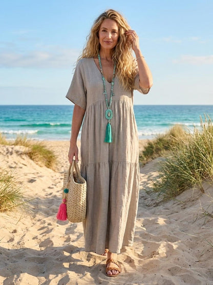 Lotte | Dame boho maxikjole med lagdelt skørt og V udskæring