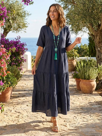 Lotte | Dame boho maxikjole med lagdelt skørt og V udskæring