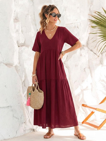 Lotte | Dame boho maxikjole med lagdelt skørt og V udskæring