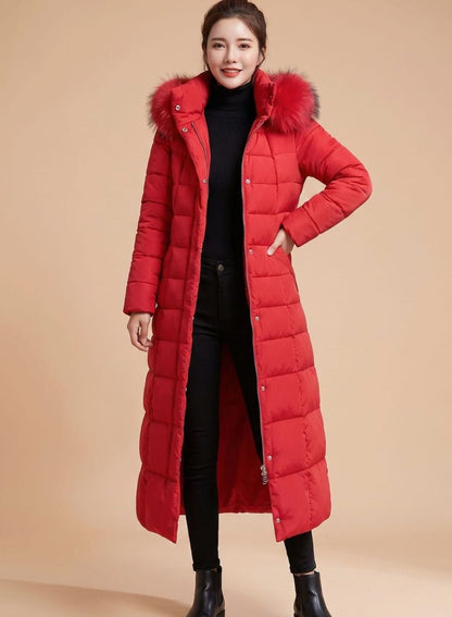 Ellen | Exklusiver langer Puffer-Mantel für Damen mit Kapuze und luxuriösen Pelzdetails